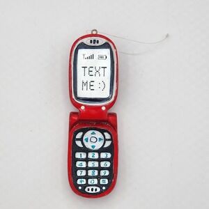 Red Flip Phone Text Me Blown Glass Christmas Tree Ornament Novelty Retro Style